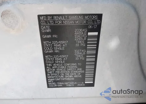 2017 Nissan Rogue Sv z USA, uszkodzony, nr VIN KNMAT2MT7HP598246